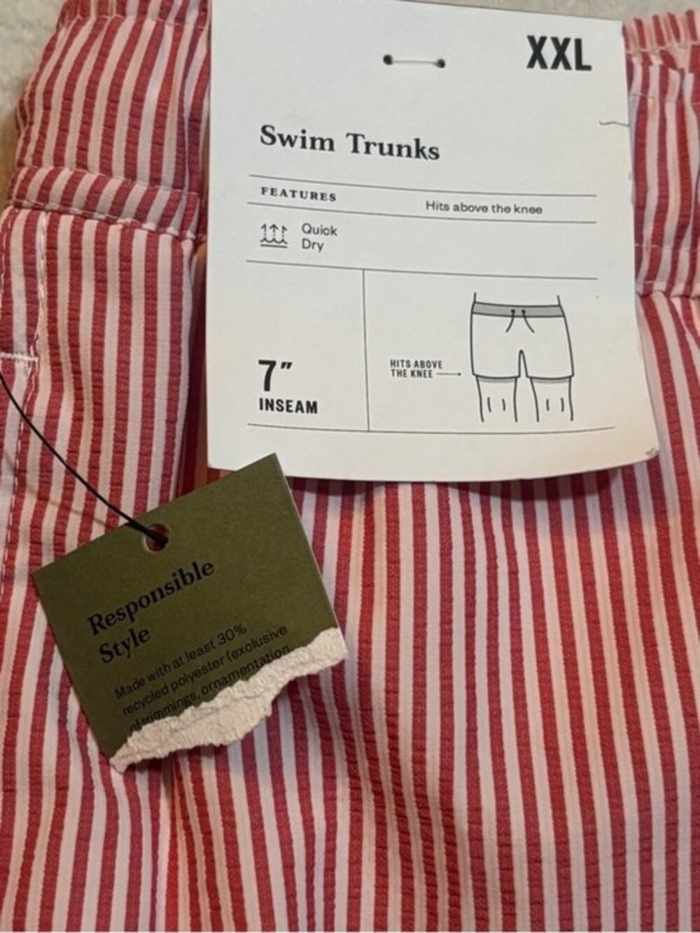 Goodfellow & Co Men's XXL 7" Swim Trunks Red White Stripe Quick Dry NWT